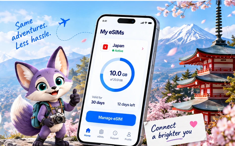 Japan travel scene with Xylo and the My eSIMs app